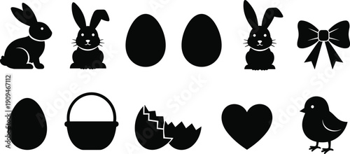 Easter silhouette icons set including bunnies eggs basket and heart shapes