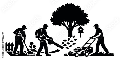 Silhouette yard work set featuring men sweeping, using a leaf blower, and mowing the lawn for home garden maintenance