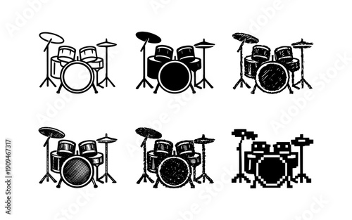 Collection of diverse drum set illustrations in various artistic styles