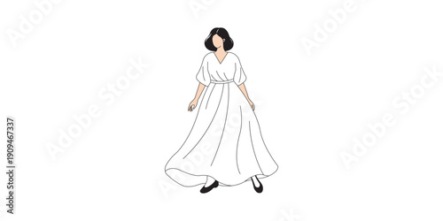 Minimalist Faceless Woman in Elegant Flowing White Dress Vector Illustration