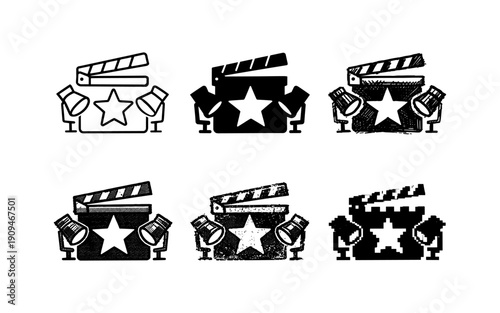 Film industry icons: clapperboard, star, and spotlights in various artistic styles