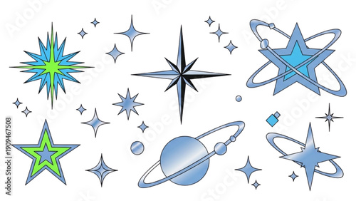 A collection of astronomy illustrations featuring stars, planets, and celestial bodies in a digital artwork from a directly overhead viewpoint.