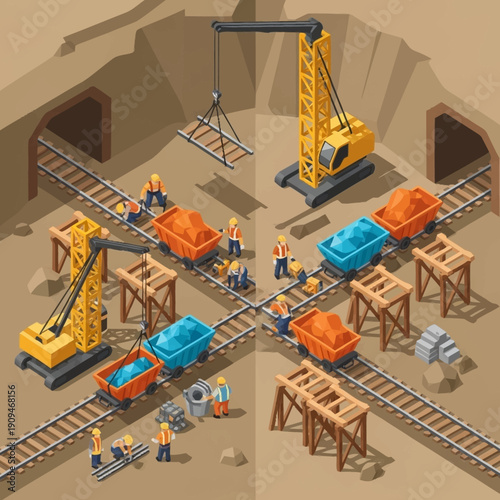 Underground Construction Site with Heavy Machinery and Workers.