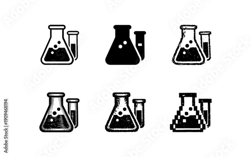 Collection of six different science laboratory flask and test tube icons in various styles