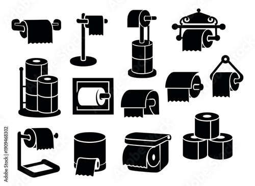 Silhouette toilet paper icon set featuring various rolls and holders for bathroom concepts