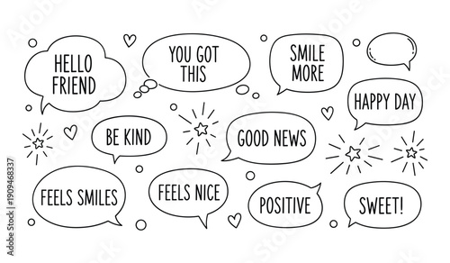 HandDrawn BlackLine SpeechBubbles With UpliftingHandwrittenPositiveMessages