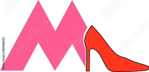 colored vector illustration of letter m with feet resting on shoes