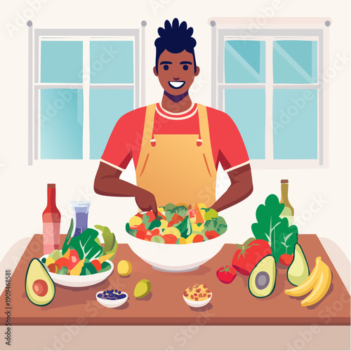 Man preparing a fresh healthy salad in his kitchen with fresh ingredients