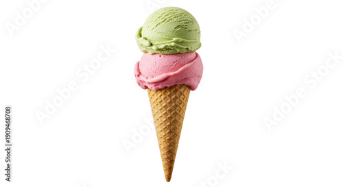 Konstfotografi Delicious ice cream cone with green and pink scoops isolated PNG, sweet dessert