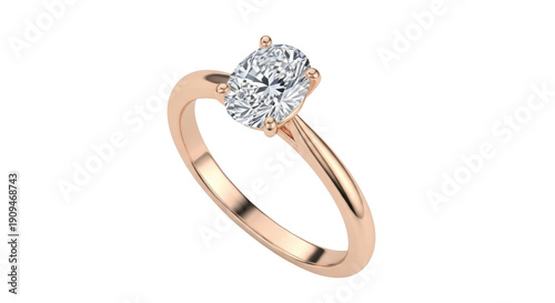 Photography Elegant rose gold solitaire ring with oval diamond isolated PNG, engagement jewe