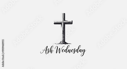 A gray cross with ashes forming the Sign of the Cross on a person's forehead, symbolizing Ash Wednesday and the Lenten Season, against a clean white background with a somber mood.