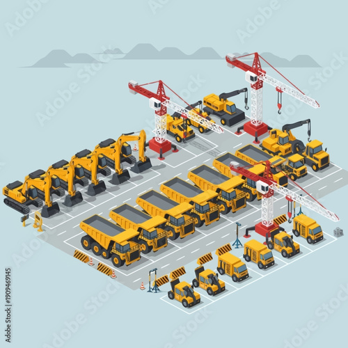 Industrial construction site with cranes and heavy machinery.