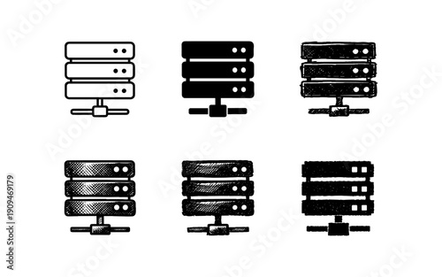 Set of six server rack icons with different styles and textures for technology concepts