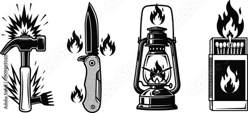Set of survival tool vector illustrations, hammer hitting nail, folding pocket knife with fire, vintage oil lantern, matchbox with flame icons collection.