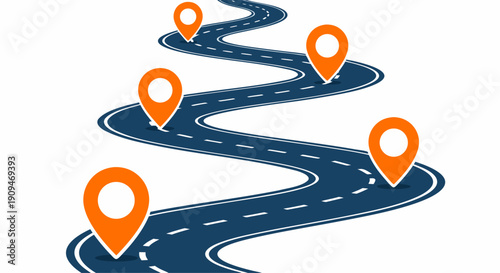 Winding road with navigation pins indicating a journey, route, and destination points on a map graphic