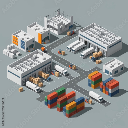Isometric illustration of a modern industrial warehouse complex with various buildings and logistics operations.