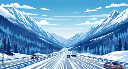 Scenic winter highway driving through snow-covered mountains and pine forests