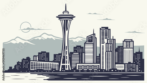 Seattle skyline panoramic vista with space needle tower and cityscape ideal for travel brochures, city guides, tourism websites, and posters.