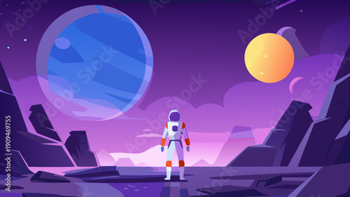 Astronaut stands on a rocky planet gazing towards a portal and sun