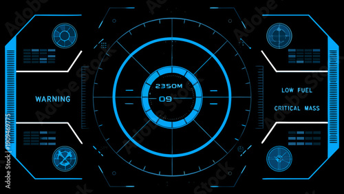 Futuristic heads up display with targeting reticle warnings and distance readout