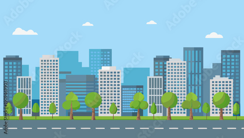 A simplified cityscape illustration featuring modern buildings and a blue sky