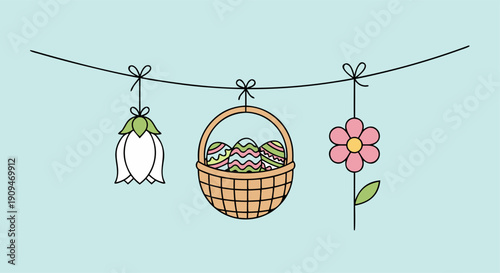 Easter hanging decorations including a basket of eggs, a flower, and a bell, on a light blue background