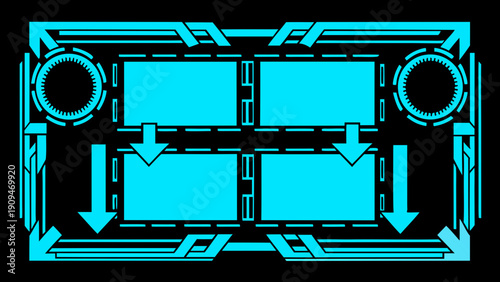 Abstract turquoise geometric design featuring directional arrows and rectangular shapes