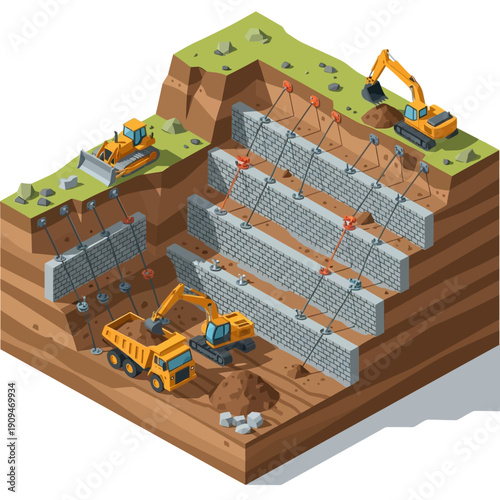 Underground Construction Site with Heavy Machinery and Excavation Process.