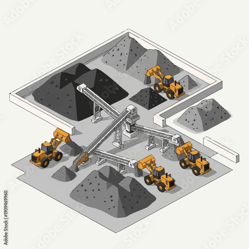 Industrial mining facility with machinery and vehicles.