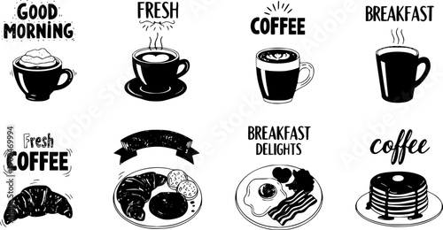Coffee and breakfast poster. Food and drink cards. Hand drawn coffee cups, pastry, morning meals, croissant, cappuccino, eggs. Doodle text posters for cafe menu. Vector set