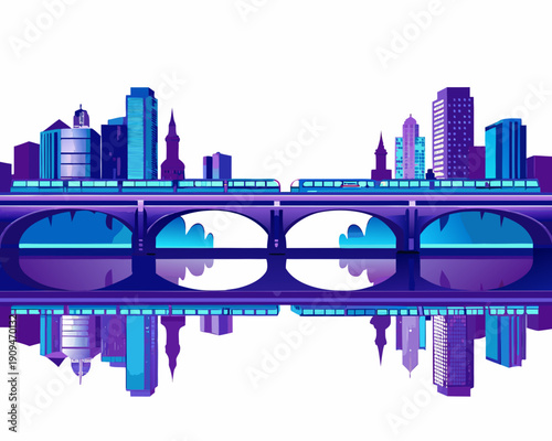 Stylized cityscape featuring a bridge and reflected buildings in blue hues