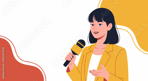 Businesswoman holding microphone for presentation or speech, dynamic presentation concept