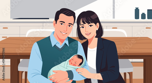 Joyful Parents Embracing Their Newborn Baby with Love and Care in a Warm Home Setting, Celebrating New Beginnings and Cherished Family Moments