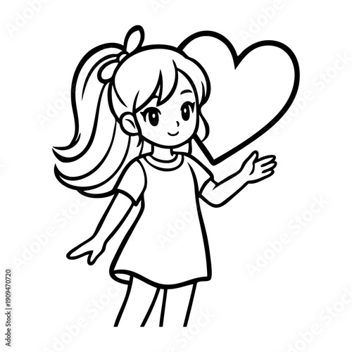Dibujo con líneas de niña de pie con un corazón cerca de la cabeza