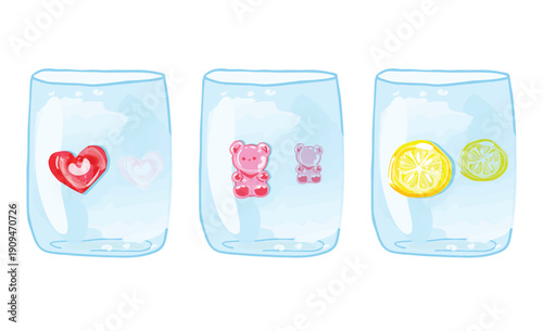 Set of decorative glassware with glass heart gummy bear and lemon motifs