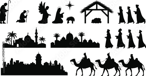 Christmas nativity silhouette set with holy family, angel, shepherds and three wise men, stable with star, camels and Bethlehem city skyline isolated.