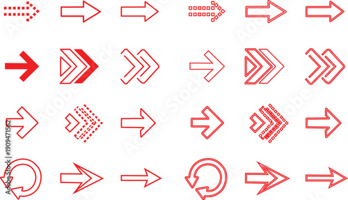 Diverse set of red arrows including solid, outlined, and circular motion
