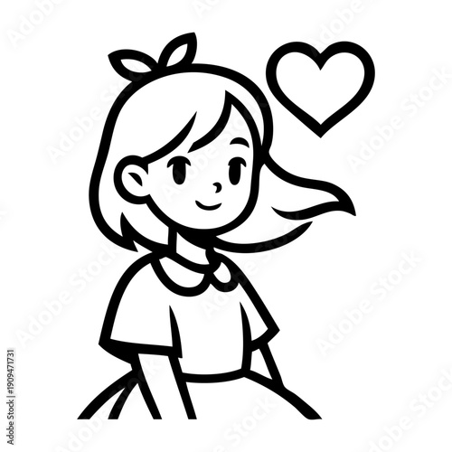 Dibujo con líneas de niña de pie con un corazón cerca de la cabeza 