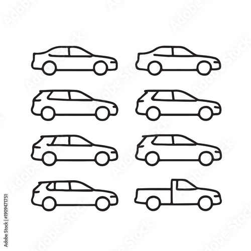 A comprehensive collection of black vector car icons and transport silhouettes featuring an automobile set of sedans, trucks, buses, and vans for traffic design and vehicle illustration