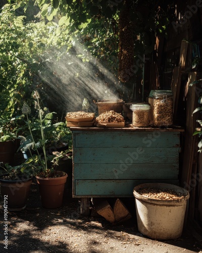 Golden Sun Rays Illuminate Rustic Garden Table with Homemade Treats Dappled Light  Lush Greenery.