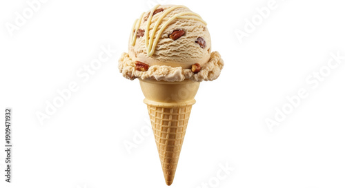 Butter pecan ice cream cone isolated PNG, delicious dessert with nuts and caramel drizzle on transparent background
