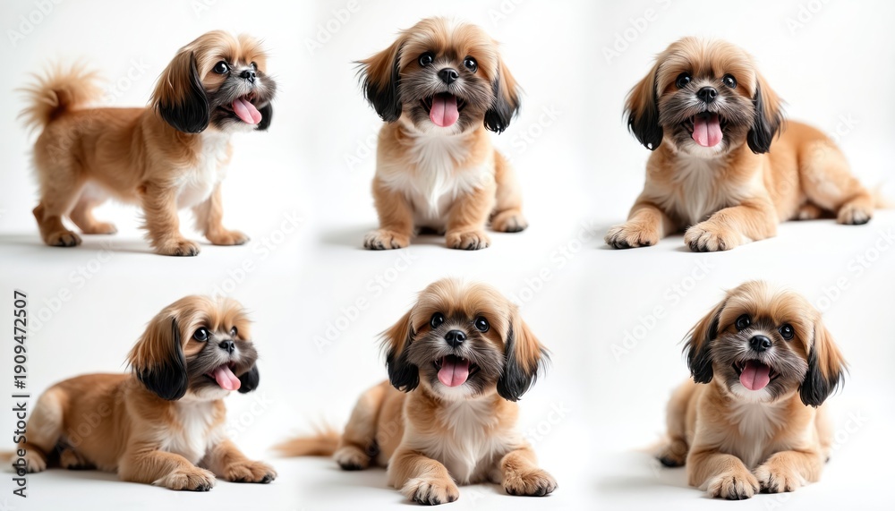 Fototapeta premium Cute shih tzu dog poses on white background. Small furry companion animal looks happy and playful. Domestic pet enjoys attention, resting and standing. Adorable canine friend with tongue out.