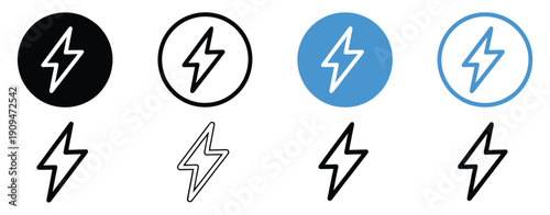 Flash Lightning Bolt and Power Icon Set featuring a versatile collection of thunderbolt symbols in various graphic styles, including filled, thin line, and bold outline versions for diverse design nee