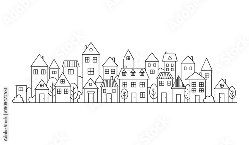 Black And White Line Of Quaint Residential Houses With Trees And Chimneys buildings architecture lineart