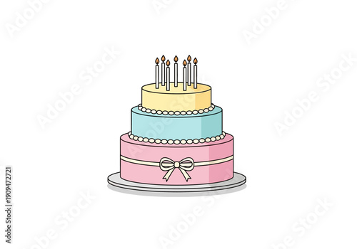 A threetiered pastel birthday cake with lit candles on a white background