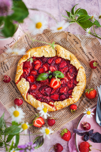 Rustic strawberry open sweet pie (galette)