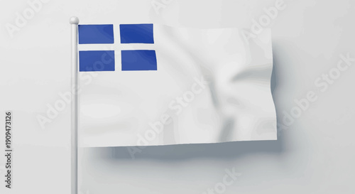 A white flag with a blue cross design flies on a pole against a plain backdrop