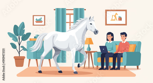A white horse walks past a couple on a sofa, in a room
