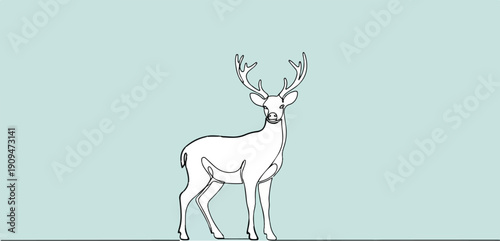 A white line drawing of a deer with antlers on a blue background