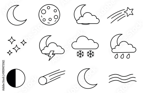 Line art weather and astronomy icon set featuring moons, clouds, stars, and atmospheric conditions for design purposes